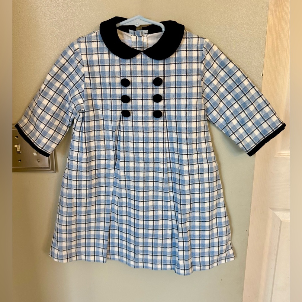 Bella Bliss Plaid Dress Girl’s 5 Blue White XS S LS Cotton Pleated A-Line Checks - Picture 2 of 7